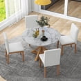 thumbnail image 1 of 5-Piece Farmhouse Style Dining Table Set, Marble Sticker and Cross Bracket Pedestal Dining Table, and 4 Upholstered Chairs (White& Walnut) WQ-428, 1 of 1