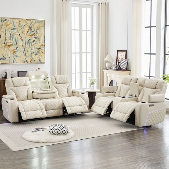 5-Piece Faux Leather Power Reclining Sofa Set with Adjustable Headrests, Wireless Charger, USB Ports, LED Lights, Beige