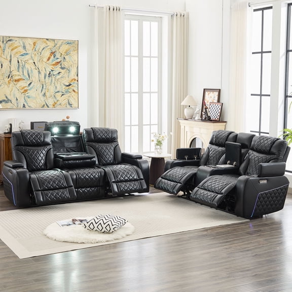 5-Piece Faux Leather Power Reclining Sofa Set with Adjustable Headrests, Wireless Charger, USB Ports, LED Lights, Black
