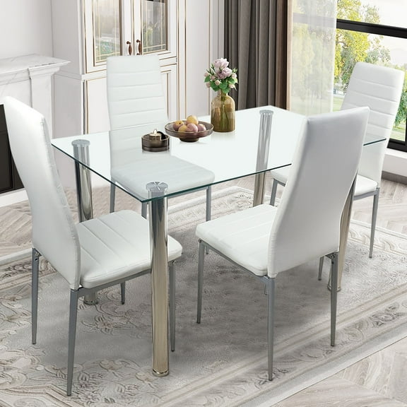 5 Piece Tempered Glass Top Dining Table Set for 4, Rectangular Table and 4 High-Back PU Leather Padded Chairs, Small Space Dining Set, Home Kitchen Apartment Dining Room Bar Furniture