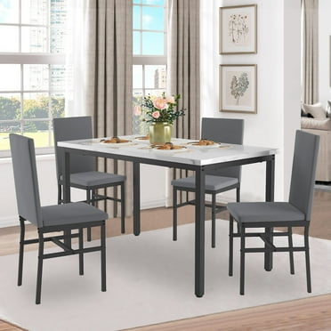 5 Piece Faux Marble Top Dining Table Set for 4, Rectangular Table and 4 High-Back Velvet Padded Chairs, Small Space Dining Set, Home Kitchen Apartment Dining Room Bar Furniture