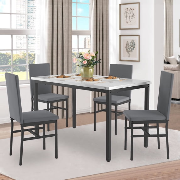 5 Piece Faux Marble Top Dining Table Set for 4, Rectangular Table and 4 High-Back Velvet Padded Chairs, Small Space Dining Set, Home Kitchen Apartment Dining Room Bar Furniture