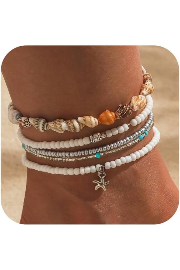 5 Piece Fine Pearl Anklet Set for Women, Adjustable Golden Boho Shell Anklet, Hawaiian Beach Shell Pearl Disc Starfish Shell Foot Jewellery[r750]