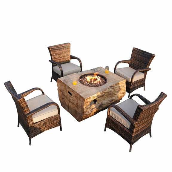 5-Piece Fire Pit Table Set Outdoor Patio Furniture with 40" Gas Fire Pit Table and Four Wicker Chair