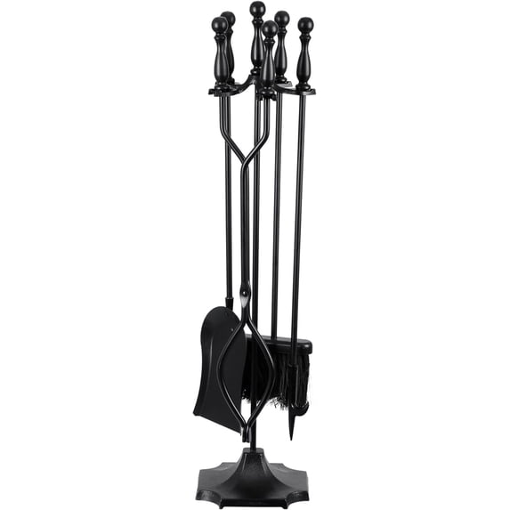 5-Piece Fireplace Tools Set Black Handle Wrought Iron Large Fire Tool Set and Holder for Indoor/Outdoor Use
