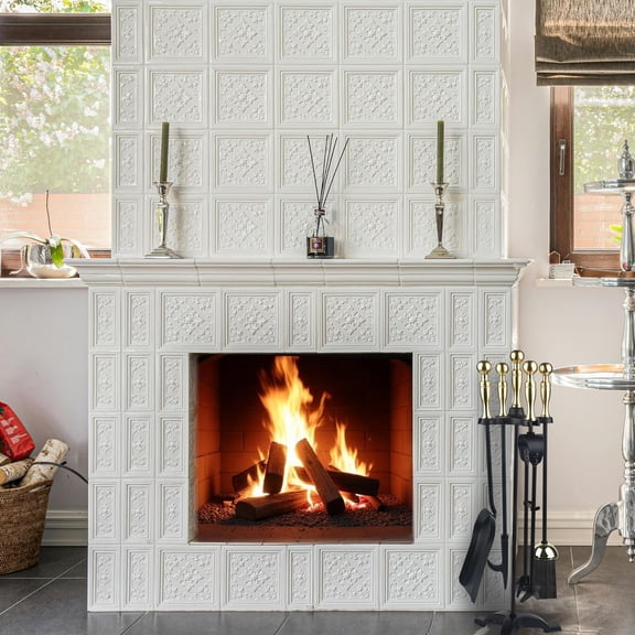 5-Piece Fireplace Tools Set with Stand Wrought Iron Fire Pit Tool Kit with Poker, Tongs, Shovel, Brush & Heavy-Duty Base for Indoor or Outdoor Fireplaces (Black)