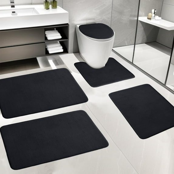 5-Piece Foam Bath Mat Set | Ultra Soft & Absorbent Velvet Fleece | Non-Slip Rubber Backing | Machine Washable | Includes Toilet Mat & Bath Rugs (Dark Color)