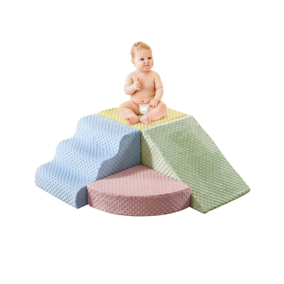 5-Piece Foam Climbing Blocks, Soft Play Set for Toddlers with Steps and Slide, Bubble Dot Minky Washable Cover, Indoor Climbing for Kids