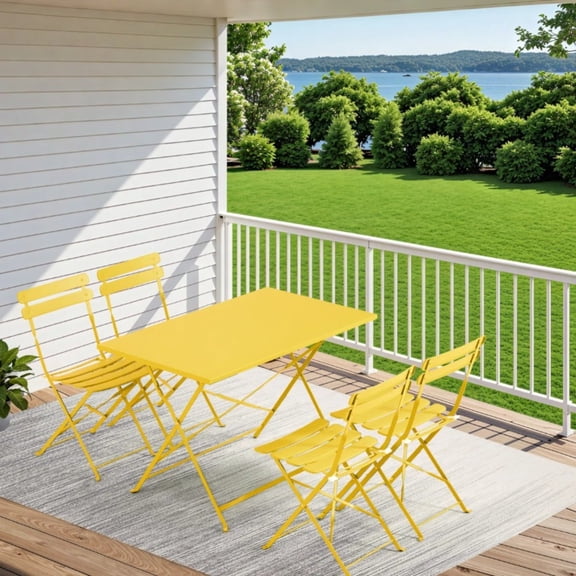 5-Piece Foldable Outdoor Bistro Set, Patio Dining Set with Rectangular Table and 4 Chairs, Weather-Resistant Iron Patio Dining Set for Garden, Yard, Balcony, Indoor/Outdoor Use, Green/Yellow/White