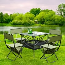 5-Piece Folding Aluminum Table and Chairs Set, Perfect for Outdoor Camping, Picnics, BBQ, Patio, Beach, Black/Green