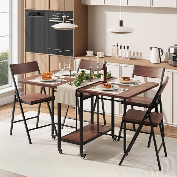 5-Piece Folding Dining Table Set,Extendable Wood Table with 4 Chairs,Storage Shelf&Lockable Wheels for Kitchen Restaurant