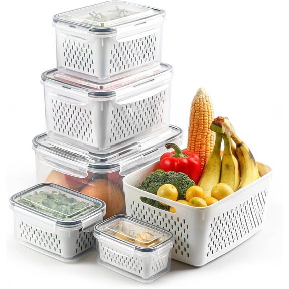5-Piece Fruit and Vegetable Storage Container Set for Refrigerator with Colanders, Leakproof BPA-Free Plastic, Dishwasher Safe Produce Keeper for Berries, Veggies, and Meat Freshness