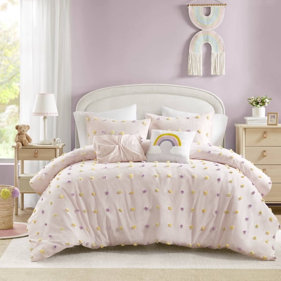 5-Piece Full/Queen Cotton Jacquard Pom Pom Comforter Set in Pink