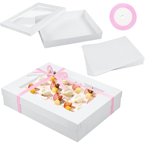 5-Piece Full Sheet Cake Box Set with Window 26 x 18 x 4 Inch White Boxes Pink Ribbon and Cake Boards