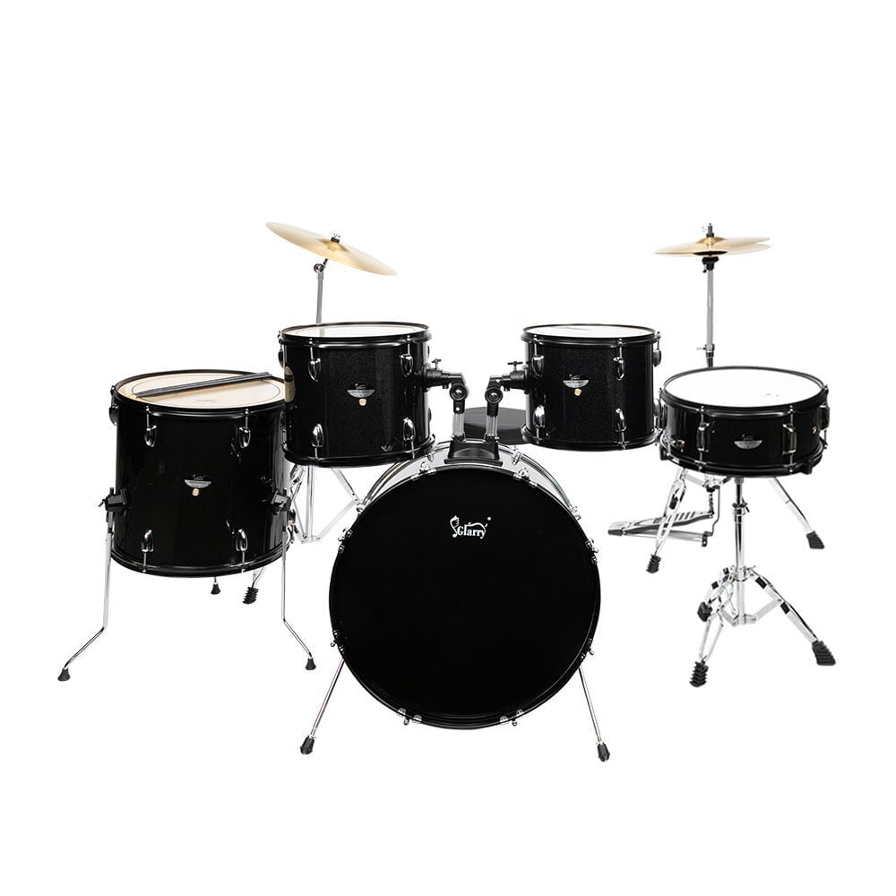 5-Piece Full Size Adult Drum Set with Bass Drum/Tom Drum/Snare Drum/Floor Tom/Ride Cymbal - Complete Professional Percussion Kit with Stainless Steel Hardware and Height Adjustable Stool - Black