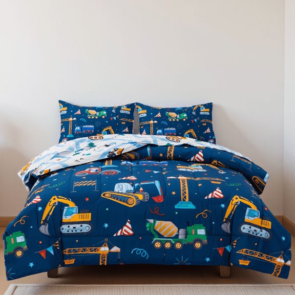 5-Piece Full Size Comforter Set, Construction Excavator Print Bed in a Bag with Sheets, Navy Blue