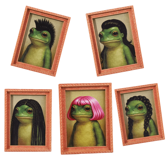 5-Piece Fun Frog Fridge Magnet Set – Retro Art Fridge Magnets with Unique Frog Hairstyles, Comes with a Frame, Can Be Used as Kitchen Decoration or on a Magnetic Board (A)