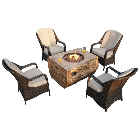 5-Piece Gas Fire Table Set with 4 Brown Rattan Chairs, Outdoor Conversation Set Suitable for Garden, Patio, Yard