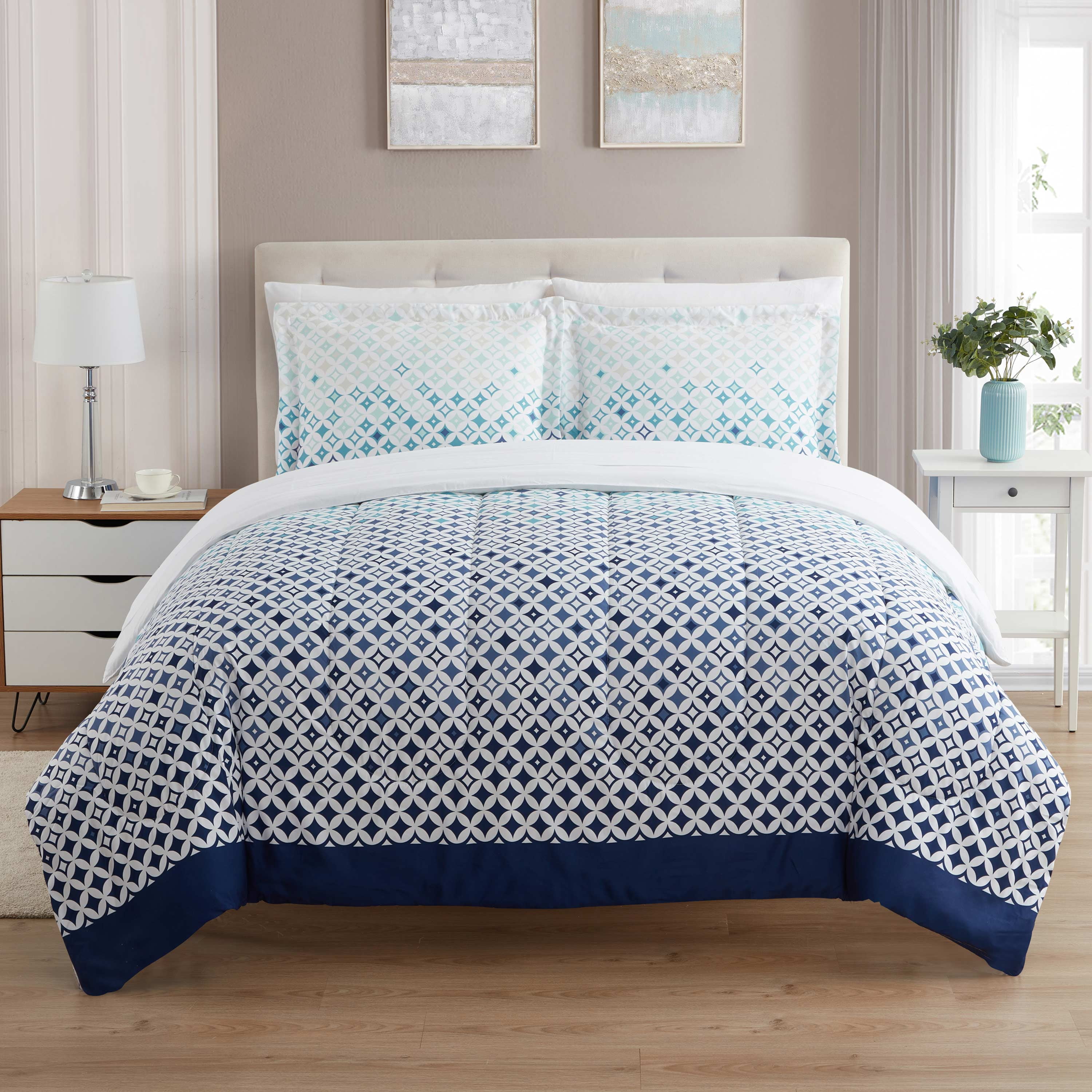 Genova Twin Blue and White Microfiber Bed in a Bag Set