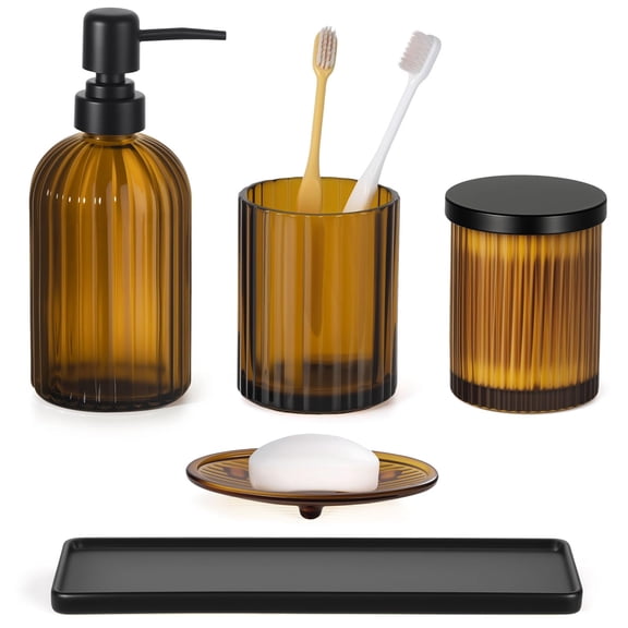 5 Piece Glass Bathroom Accessory Set Brown + Black Vanity Countertop Organizer
