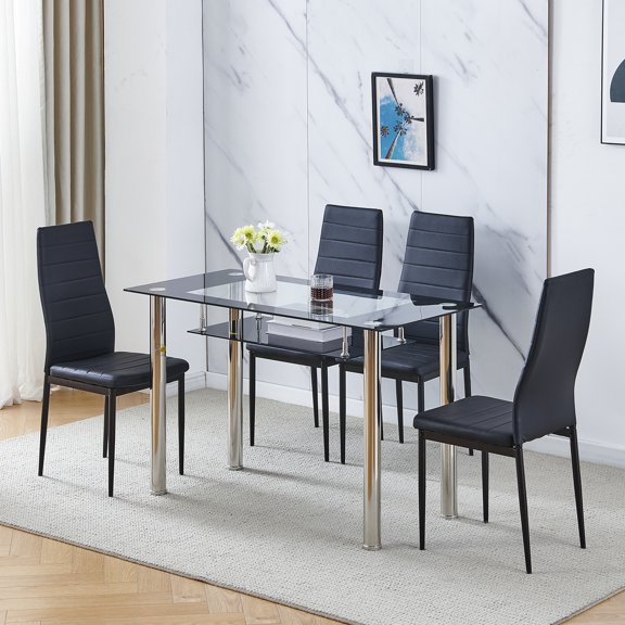 5-Piece Glass Dining Set,2-Tier Glass Square Dining Table Set with Metal Frame & Glass Tabletop,PU Leather Kitchen Chairs for 4, Modern Dining Room Sets for Kitchen, Living Room ,Checker Style,Black