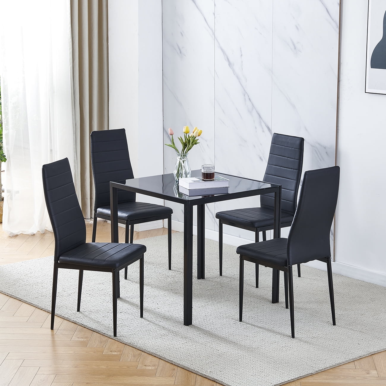5-Piece Glass Dining Set,High Gloss Square Dining Table Set with
