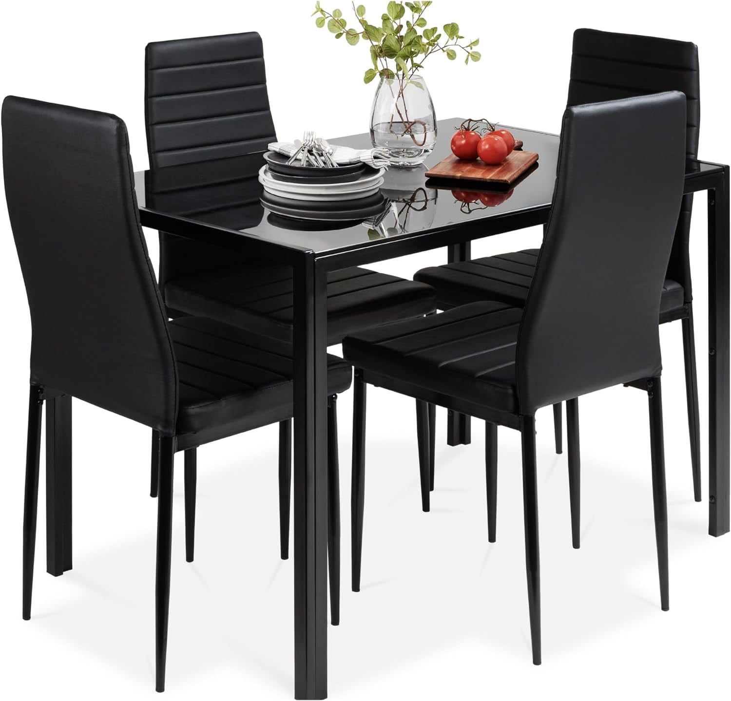 5-Piece Black Metal and Glass Dining Set with Tufted Chairs