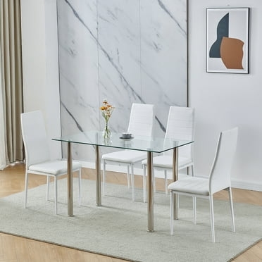 5-Piece Glass Dining Set,Square Dining Table Set with Metal Frame & Glass Tabletop,PU Leather White Kitchen Chairs for 4, Modern Dining Room Sets for Kitchen, Living Room ,Clear