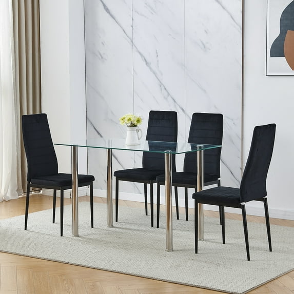 5-Piece Glass Dining Set,Square Dining Table Set with Metal Frame & Glass Tabletop,Velvet Black Kitchen Chairs for 4, Modern Dining Room Sets for Kitchen, Living Room ,Clear
