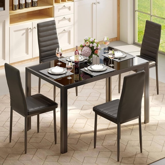 5-Piece Glass Dining Table Set, 4 PU Leather Chairs, for Home,Kitchen,Living Room,Black