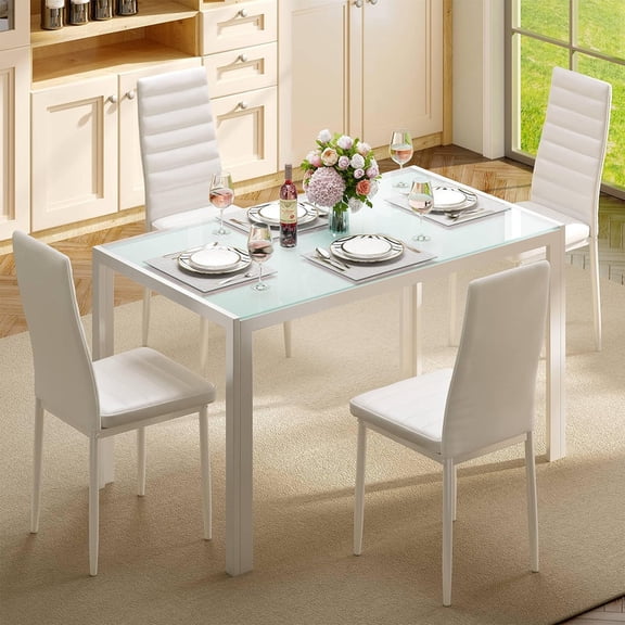 5-Piece Glass Dining Table Set, 4 PU Leather Chairs, for Home,Kitchen,Living Room,White