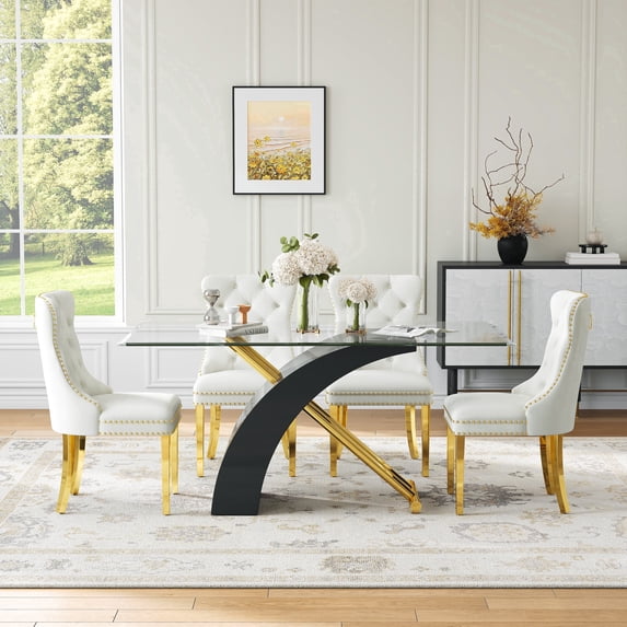 5-Piece Glass Dining Table Set, 63" Rectangular Tempered Glass Top, X-Shaped Base, Velvet Cushioned Stainless Steel Frame Dining Chairs, for Living Room, Kitchen