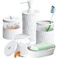 thumbnail image 1 of 5-Piece  White Bathroom Accessory Set Soap Dispenser & Dish, Toothbrush Holder, 2 Storage qtip Jars, 1 of 8