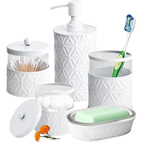 5-Piece White Bathroom Accessory Set Soap Dispenser & Dish, Toothbrush Holder, 2 Storage qtip Jars