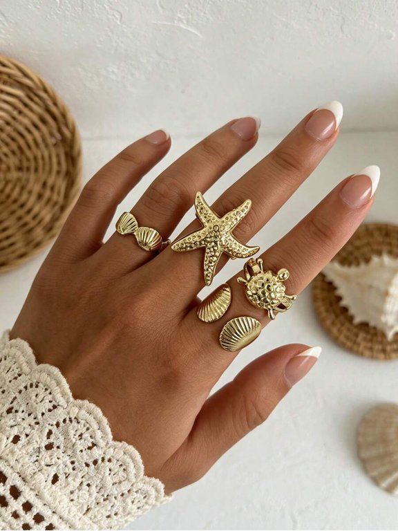 5-Piece Goldtone Sea Motif Stacking Ring Set With Starfish Turtle Shell