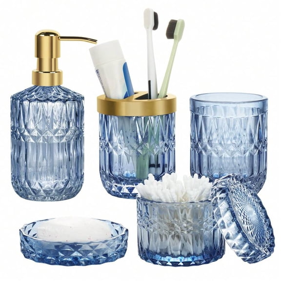 5-Piece Gradient Glass Bathroom Set: Vintage Soap Dispenser With Dish, Toothbrush Holder, Tumbler & Cotton Swab Jar. A Complete Organizer & Modern Decor Housewarming Gift.