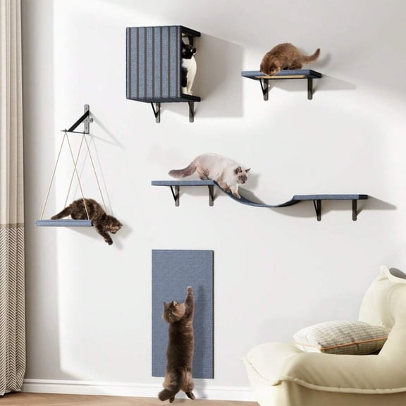 5-Piece Gray Wall-Mounted Cat Furniture Set, DIY Cat Playground with House, Bridge, Steps & Scratcher Board