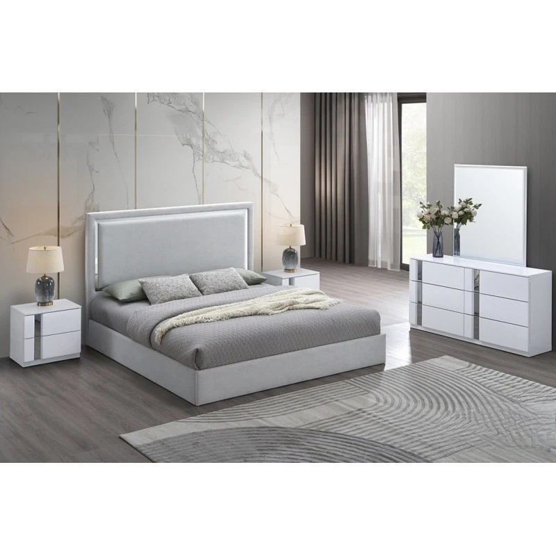 5-Piece Gray/White Wood Modern Bedroom Set - Queen Size, Platform Bed, 2xNightstand, Dresser and Mirror, White