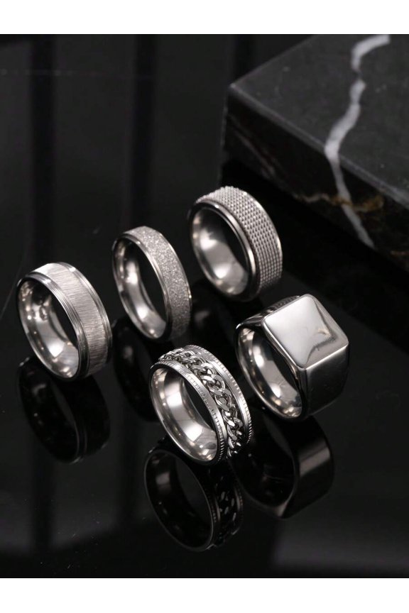 5-Piece Grey Stainless Steel Mens Ring Set With Spinner And Chain Design