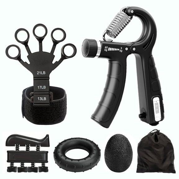 5 Piece Grip Strength Trainer Kit - Adjustable Hand Grip Strengthener with Finger Exerciser, Grip Ring & Egg Ball, Durable Engineering Plastic & Stainless Steel - Black