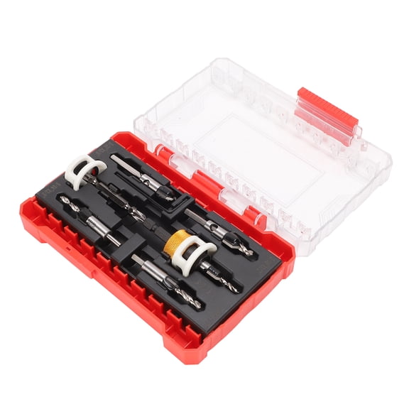 5-Piece HSS Countersink Drill Bit Set with Adjustable Depth Stop, Hex Shank Adapter, Wrench & Case for Wood Screws 8PCS Depth Stop and Hex Shank Adapter Wood Screws