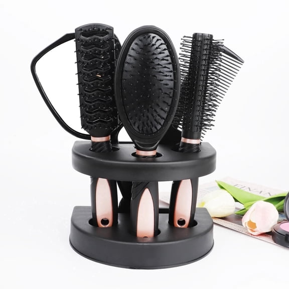 5-Piece Hair Brush & Comb Set with Storage Stand - Anti-Static Resin Brushes for All Hair Types