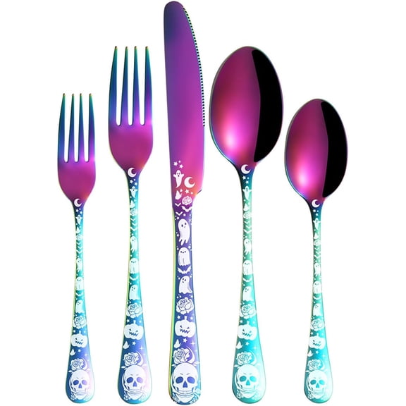 5 Piece Halloween Skull Silverware Set, Stainless Steel Flatware Set, Gothic Skeleton Cutlery Set Includes Fork/Knife/Spoon, Perfect for Halloween Easter and Christmas, Black