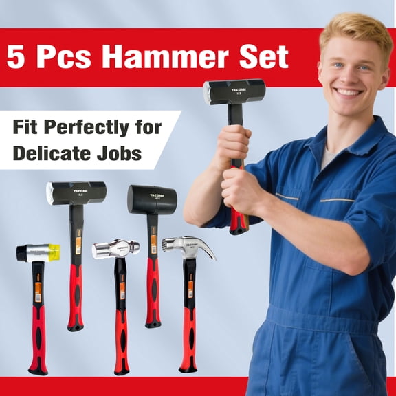 5-Piece Hammer Set, Forged Steel Heads & Fiberglass Handles, 16oz Rubber Mallet, 16oz Claw Hammer, 24oz Ball Peen Hammer, 3LB Sledge, 35MM Installation Hammer, For Industrial, Home Improvement & Outd