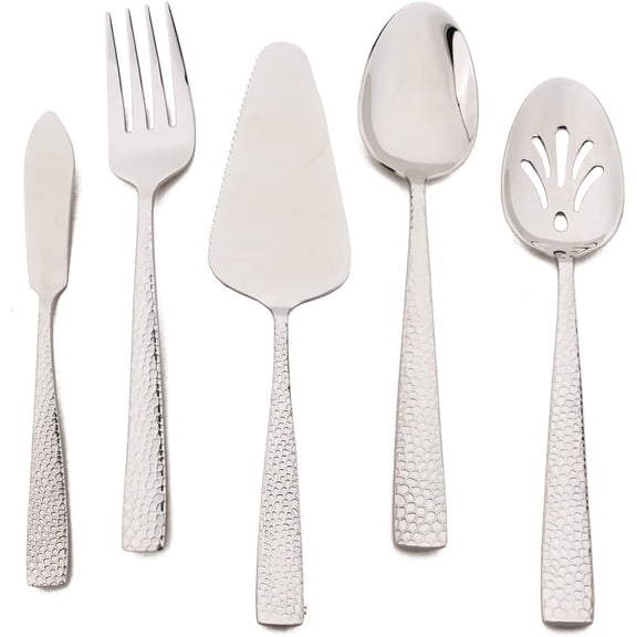 5-Piece Hammered Handle Silverware Hostess Set Stainless Steel Flatware Serving Set for Buffet Party Home Restaurant Mirror Polished Dishwasher Safe