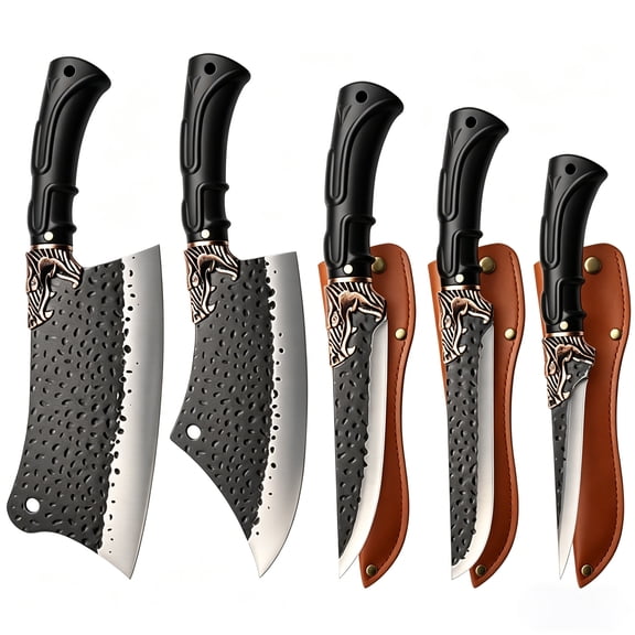 5-Piece Hand Forged Kitchen Knife Set with 3 Leather Sheaths, Hammer Pattern High Carbon Steel Knives with Black Plastic Handle, Ultra Sharp Butcher Knife Set for Home Cooking