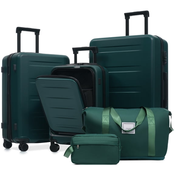 5 Piece Hardside Luggage Set 20/24/28", Front Opening Carry On with USB Port, Expandable, Double Spinner Wheels, TSA Locks, Dark Green