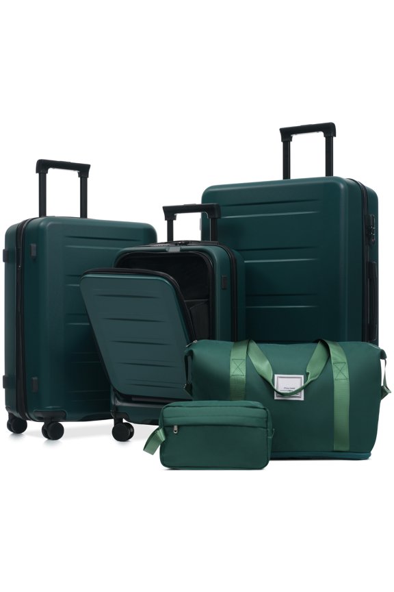 5 Piece Hardside Luggage Set 20/24/28", Front Opening Carry On with USB Port, Expandable, Double Spinner Wheels, TSA Locks, Dark Green