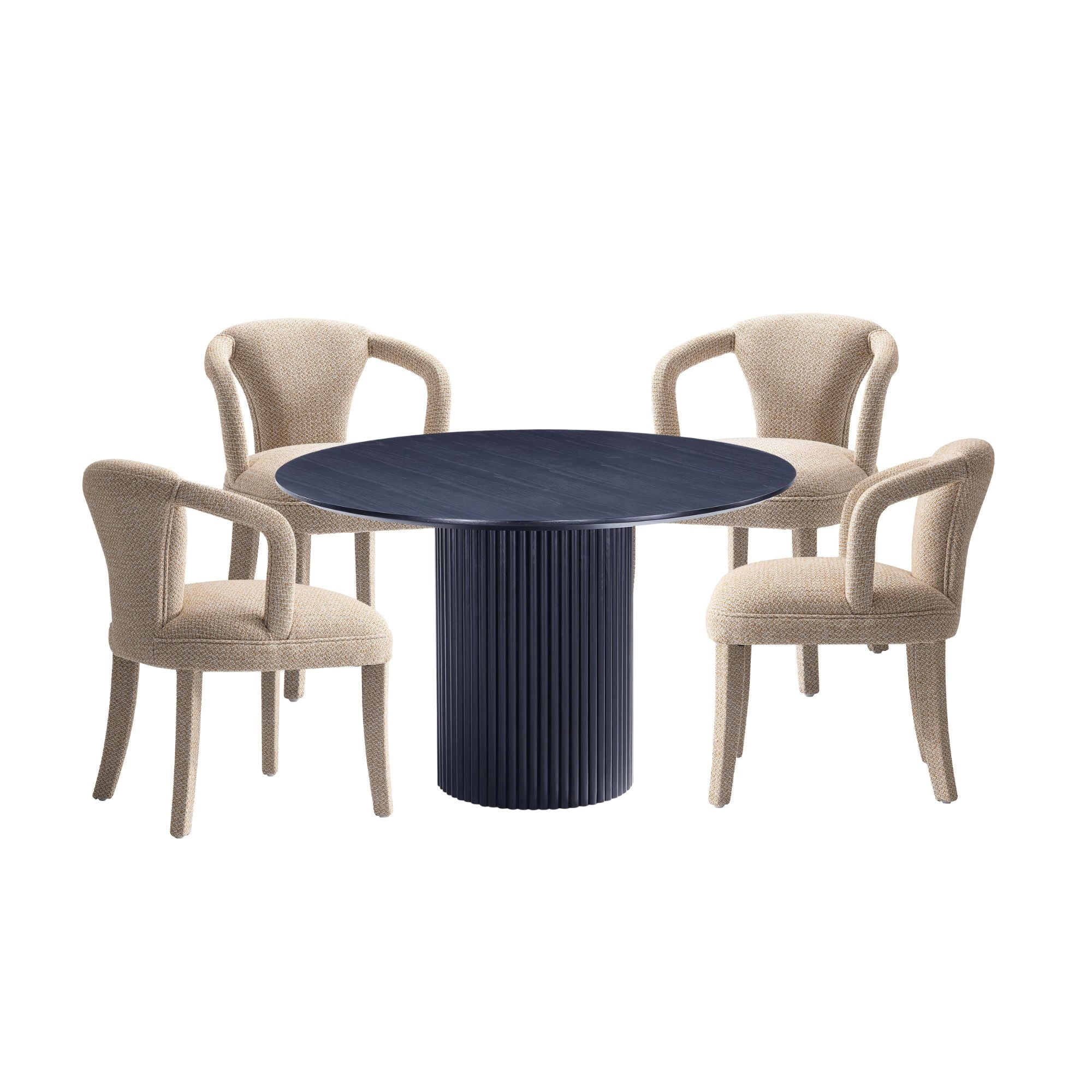 Modern Black Wood Round Dining Table with Beige Upholstered Arm Chairs