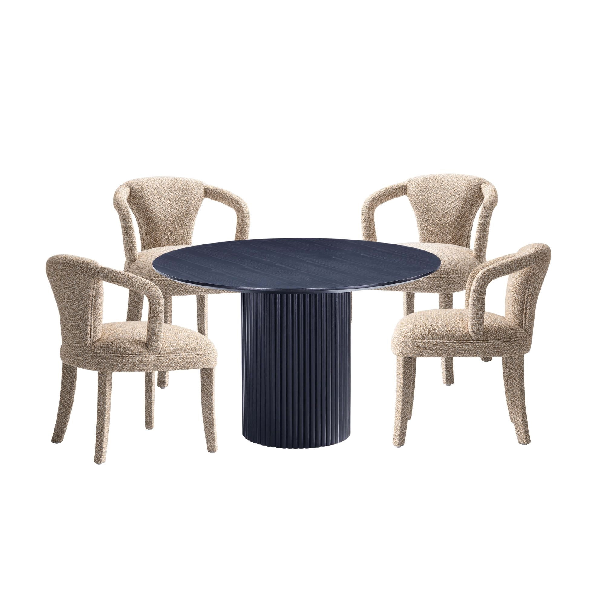 Modern Black Wood Round Dining Table with Beige Upholstered Arm Chairs